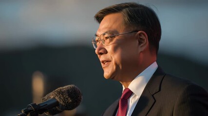 Confident middle-aged Asian businessman delivering a speech outdoors with expressive gestures and microphone