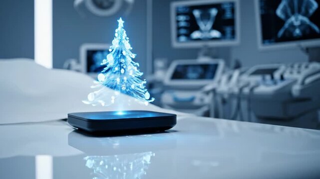 Sterile operating room with holographic tree on tray near monitors and instrument lights creating unexpected tech
