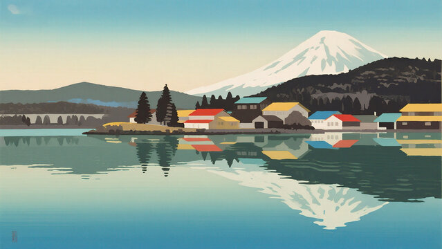 mountain lakeside village with colorful houses