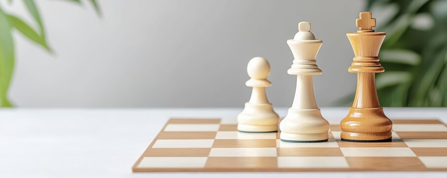 Chessboard strategic Game: A symbolic arrangement of chess pieces on a wooden chessboard, set against a backdrop of greenery, captures the essence of strategy and intellect in this classic game. 