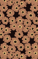 Abstract solid vector textile design, arrangement with a medium monochrome aster silhouette flowers, all-over seamless pattern with brown tone color illustration, digital image printing factory