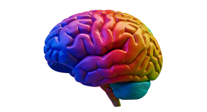 Colorful 3 D Rendered Human Brain with Cerebrum and Cerebellum, cutout, PNG isolated on white or transparent background