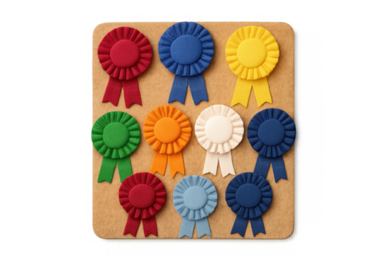 Colorful award ribbons on felt board showing concepts of competition, winning, success, and achievement