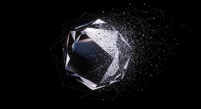 A shimmering, faceted geometric crystal object shattering into sparkling particles against a dark background.