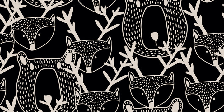Monochrome Woodland Animals Seamless Design with Bears and Deers