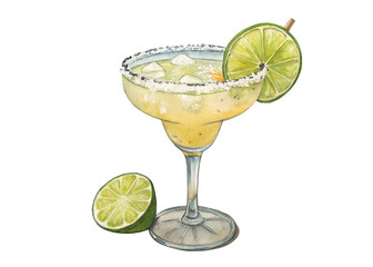 Refreshing margarita cocktail with lime slices isolated on transparent background