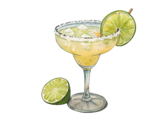 Refreshing margarita cocktail with lime slices isolated on transparent background