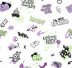 Abstract seamless chaotic pattern with urban graffiti words, scuffed and sprays. Grunge texture background. Wallpaper . Fashion sport style