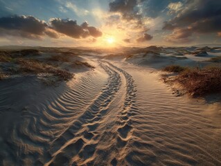 Desert Landscape Sunset Scene Tire Tracks Winding Through Sand Dunes Under Dramatic Sky Golden Hour Sunlight Streaks Across Rippled Sand Desert Environment