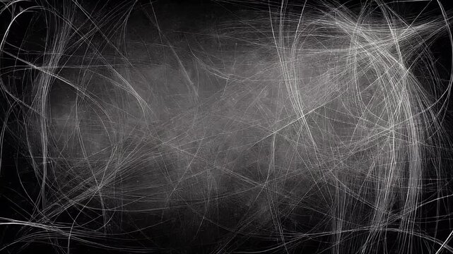 An abstract black background heavily textured with numerous swirling white and gray scratch marks or chalk lines, forming a chaotic yet dynamic pattern.