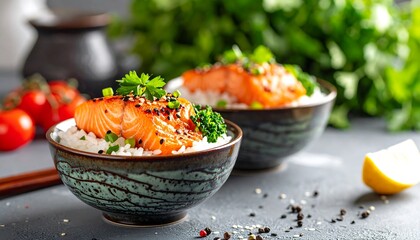 Two beautifully presented bowls of salmon over rice with garnish. Tomatoes, cilantro, and a lemon complete the presentation