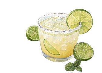 Refreshing margarita cocktail with lime slices and mint isolated on transparent background
