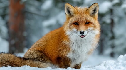 Obraz premium Cheerful red fox smiles directly at the camera while sitting in a pristine snowy landscape. Its bright orange fur contrasts beautifully with the white snow, capturing a moment of joy.