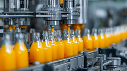 Close-up view of an automated production line filling glass bottles with fresh orange liquid in a modern beverage manufacturing facility