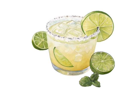 Refreshing margarita cocktail with lime slices and mint isolated on transparent background