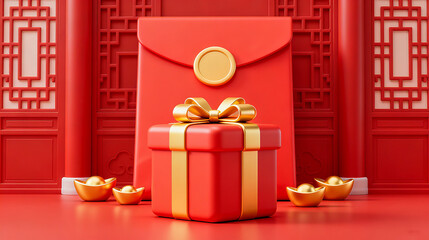 Giant bow gift box and gold ingot red envelope New Year element background