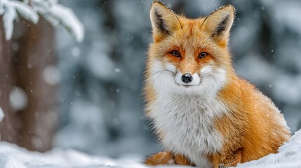 Obraz premium Cheerful red fox smiles directly at the camera while sitting in a pristine snowy landscape. Its bright orange fur contrasts beautifully with the white snow, capturing a moment of joy.