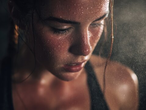 Close-up of a Sweating Female Athlete with Rosy Cheeks, Eyes Downcast in Exhaustion and Focus After an Intense Workout, Emphasizing Raw Emotion and Physical Effort