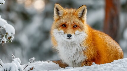 Obraz premium Cheerful red fox smiles directly at the camera while sitting in a pristine snowy landscape. Its bright orange fur contrasts beautifully with the white snow, capturing a moment of joy.