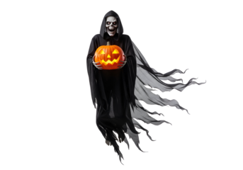 A grim figure in a dark cloak holds a glowing pumpkin, against a stark black backdrop.