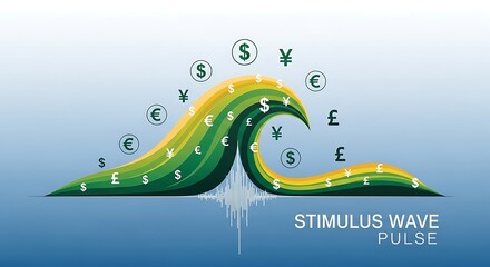 A stylized green and yellow wave with currency symbols and a pulse graphic, labeled "STIMULUS WAVE PULSE".