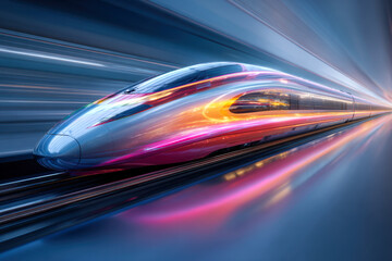 Futuristic high-speed sleek train racing through illuminated tunnel with vibrant neon reflections and dynamic motion blur effect at dusk or dawn hours