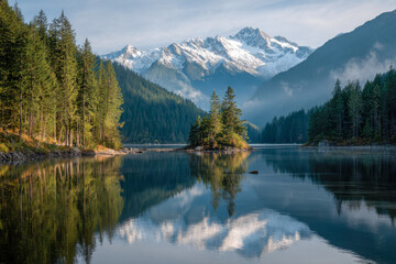Serene alpine lake surrounded by dense evergreen forest with small island reflecting snow-capped mountains and mist in a tranquil mountain valley at sunrise