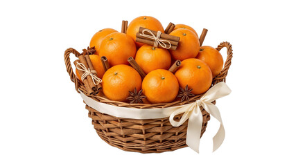 Gift basket filled with tangerines and cinnamon sticks tied with a ribbon