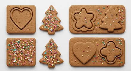 Festive decorated gingerbread cookies are arranged in a grid on a white background.