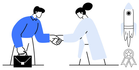 Two professionals shaking hands, briefcase, rocket, and badge. Ideal for teamwork, collaboration, success, innovation business growth trust connections. Simple flat metaphor