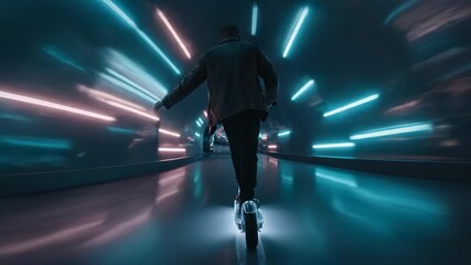 Riding electric scooter through tunnel. Urban rider silhouette under neon lights. Futuristic mobility concept for commute. Dynamic motion with reflective surfaces and urban energy ideal for marketing.