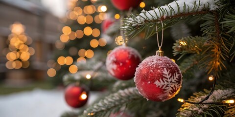 Festive red ornaments dusted with frost hang on a snow covered evergreen branch illuminated by warm bokeh lights evoking a magical winter holiday atmosphere