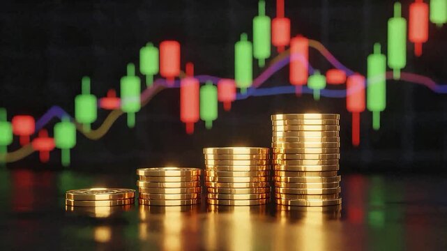 Stacks of gold coins in front of colorful candlestick charts, symbolizing investment, trading, and financial growth.