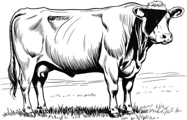 Realistic cow black and white sketch drawing, detailed farm animal line art illustration for agriculture, farming, and educational designs