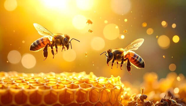 Two bees fly near honeycomb in a golden, sunlit scene with light flares. Soft focus bokeh effect enhances the sunny, natural environment