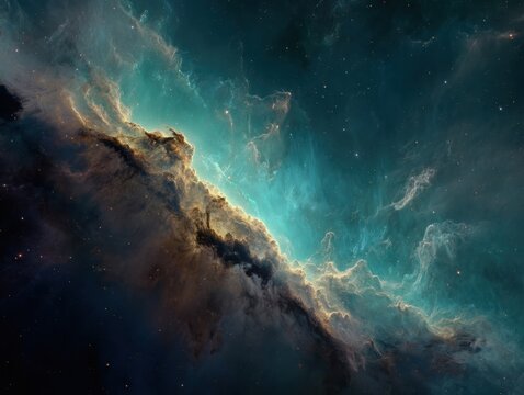 Cosmic Nebulae Formation in Deep Space Illuminating Dust Clouds and Starfield with Vibrant Teal and Golden Hues, Expansive Universe Background