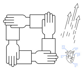 Four hands forming a square symbolizing teamwork, support, and unity. Heart icon for empathy and arrows for progress. Ideal for collaboration, growth, healthcare, cooperation, support motivation