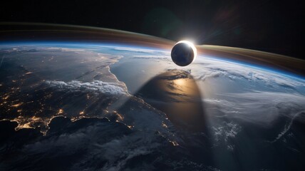 Partial Solar Eclipse Over Earth From Space With Sun's Rays Shining Through moon