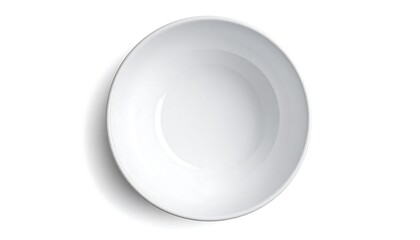 Top-down view of a clean, empty, round, white ceramic bowl with a deep interior and a subtle shadow cast on a white surface