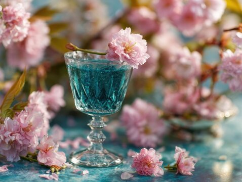 Ornate glass holding a sparkling teal drink, adorned with a single plush pink cherry blossom, surrounded by a soft-focus garden of blooming floral branches and scattered petals