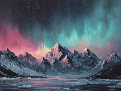 Abstract painted mountain range under a vibrant aurora borealis sky, a fantastical landscape with pink and teal light reflecting on snowy peaks and a calm body of water