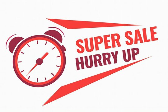 Super sale hurry up alarm clock graphic with red arrows indicating urgency and limited time offer