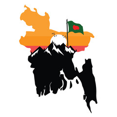 Bangladesh Map Vector with Sunset Landscape, Mountains and National Flag