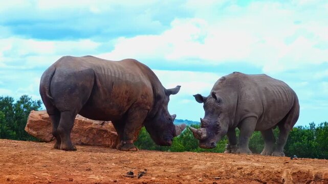 Two white rhinos tussle as dust is kicked into the iar
