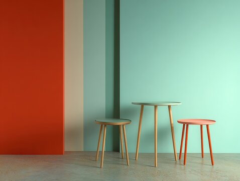 Modern Minimalist Interior Design Showcase with Trio of Colorful Round Tables Against Multi-Tone Striped Wall Contemporary Home Decor Aesthetic Furniture Arrangement Artful Composition 