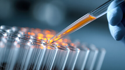 Scientist dropping orange liquid into multiple test tubes in laboratory setting with glowing reflections and focused gloved hand for chemical research