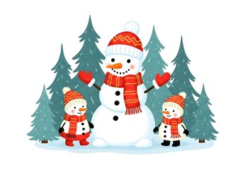 Snowman and two children building a snowman in winter forest  