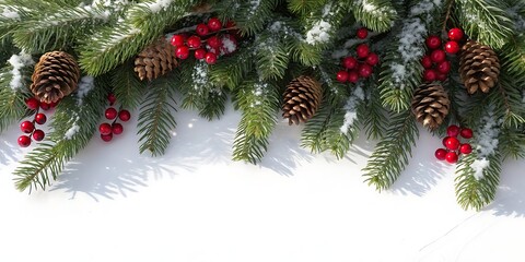 Festive evergreen garland with pine cones and red berries adorned with a light dusting of snow evoking a winter wonderland holiday spirit