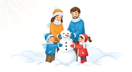 Family playing in snow and building a snowman in winter  