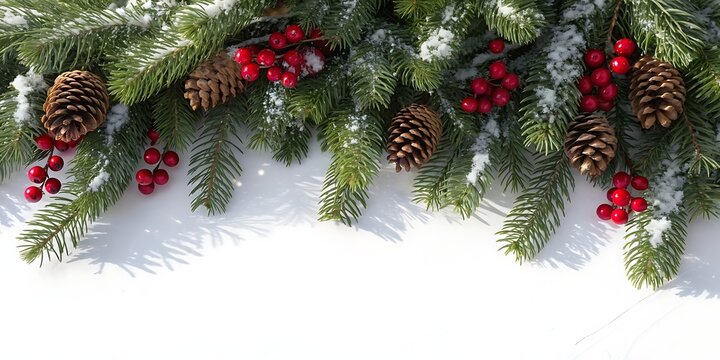 Festive evergreen garland with pine cones and red berries adorned with a light dusting of snow evoking a winter wonderland holiday spirit